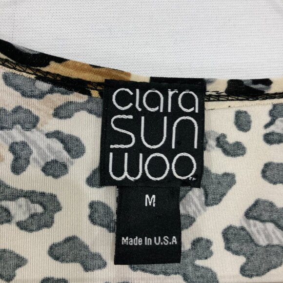 Clara Sun Woo Medium Black Brown Leopard Print Ruffle Detail V neck Stretch Top - Picture 2 of 10